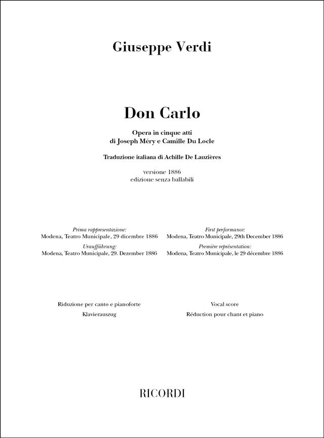Don Carlo - Versione in 5 atti, 1886, senza ballabili (testo cantato italiano)